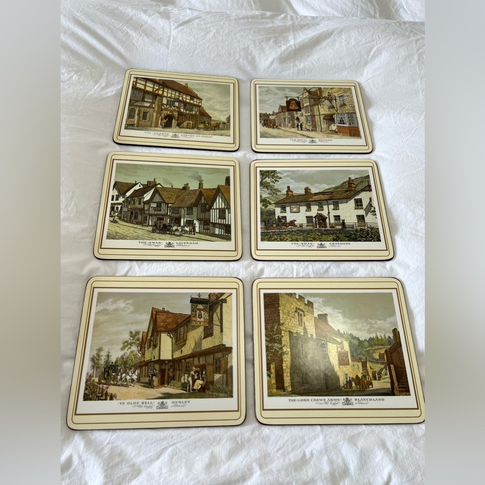 Pimpernel | 6 Old English Inns Cork Placemats Set Vintage | Small Tea Set.